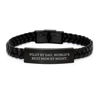 Pilot Gifts from Mom, 'Pilot By Day, World's Best Mom By Night.' Interlaced Leather Bracelet for Graduation, Unique Pilot Mom Jewelry, Stainless Steel and PU Leather Combo