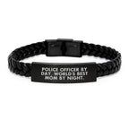 Police Officer Gifts - Funny Quote Leather Bracelet, Gifts from Friends and Family for Graduation, 'Police Officer By Day, World's Best Mom By Night.'