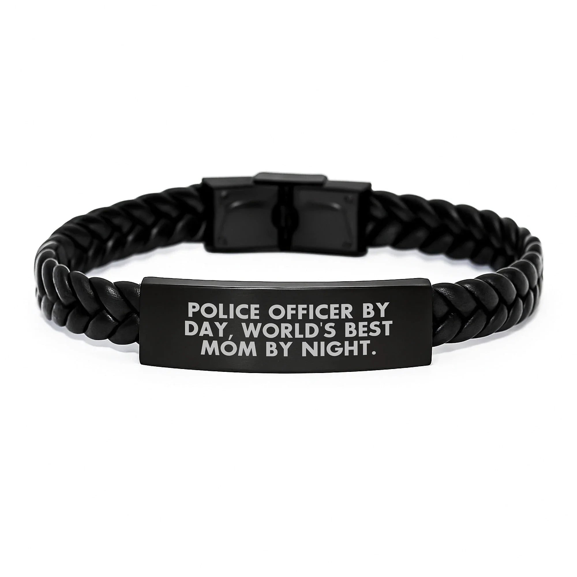Police Officer Gifts - Funny Quote Leather Bracelet, Gifts from Friends and Family for Graduation, 'Police Officer By Day, World's Best Mom By Night.'