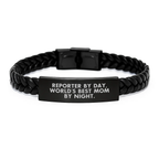 Funny Reporter Gifts for Men, Reporter By Day World's Best Mom By Night Interlaced Leather Bracelet Birthday Unique Gifts - Image 1