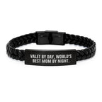 Funny Valet Gifts from Men, Unique Interlaced Leather Bracelet for Valet By Day, World's Best Mom By Night Christmas Unique Gifts