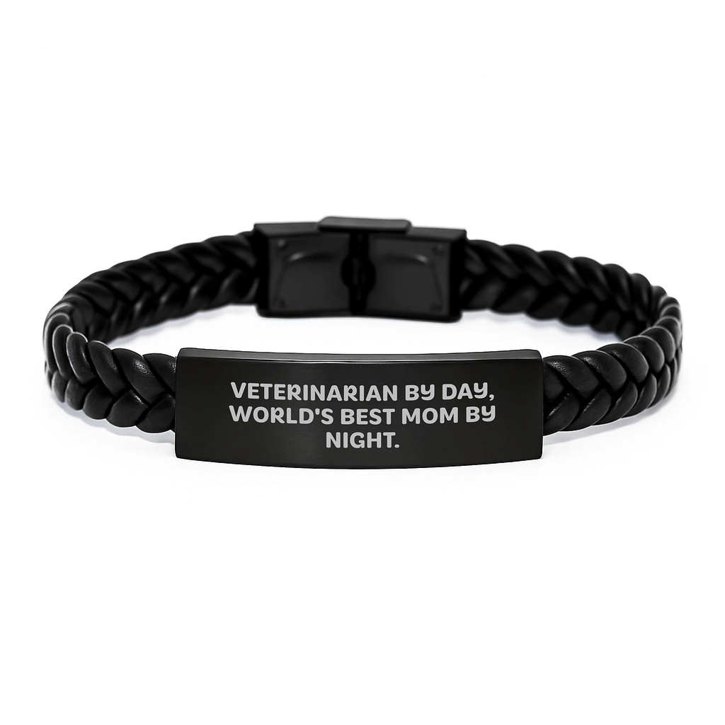Funny Veterinarian Gifts, Inspirational Interlaced Leather Bracelet, Christmas Unique Gifts for Veterinarian By Day, World's Best Mom By Night.
