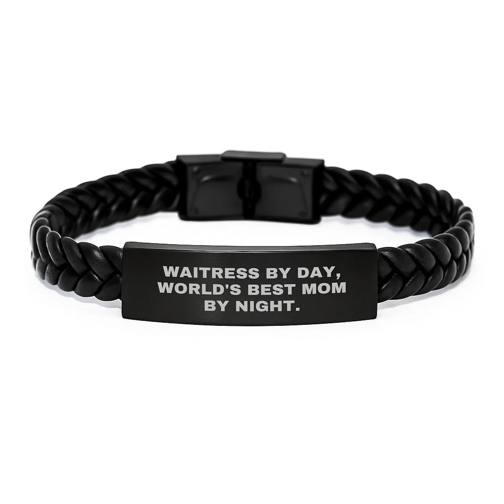 Waitress By Day, World's Best Mom By Night Funny Quote Interlaced Leather Bracelet Gifts for Waitress from Friends, Christmas Unique Gifts for Her, Men's Women's Accessories