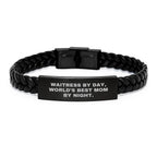 Waitress By Day, World's Best Mom By Night Funny Quote Interlaced Leather Bracelet Gifts for Waitress from Friends, Christmas Unique Gifts for Her, Men's Women's Accessories
