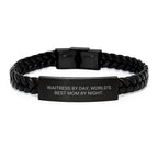 Funny Waitress Gifts from Men to World's Best Mom by Night, Interlaced Leather Bracelet for Christmas