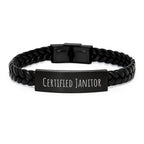 Funny Janitor Gifts for Men, Certified Janitor Interlaced Leather Bracelet with Stainless Steel, Perfect Christmas Unique Gifts from Friends to Janitor, 'Cleaning is my Jam' Quote