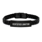 Funny Janitor Certified Gifts from Men to Friends, Interlaced Leather Bracelet Christmas Unique Ideas for Janitor, Stainless Steel and PU Leather