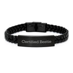 Funny Bestie Gifts from Friends, Unique Interlaced Leather Bracelet for Bestie's Birthday, Certified Bestie Quote