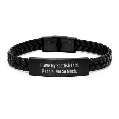 Scottish Fold Cat Lover's Humorous Gift, I Love My Scottish Fold. People, Not So Much. Interlaced Leather Bracelet for Birthday Unique Gifts from Friends to Family - Image 1