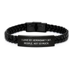 Hemingway Cat Lovers' Humorous Gift, Interlaced Leather Bracelet for Him or Her, 'I Love My Hemingway Cat. People, Not So Much.' Quote, Birthday Unique Gifts from Friends, Family, or Coworkers