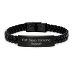 Funny Camping Gifts from Friends for Men - Eat. Sleep. Camping. Repeat. Interlaced Leather Bracelet, Birthday Unique Presents - Image 1
