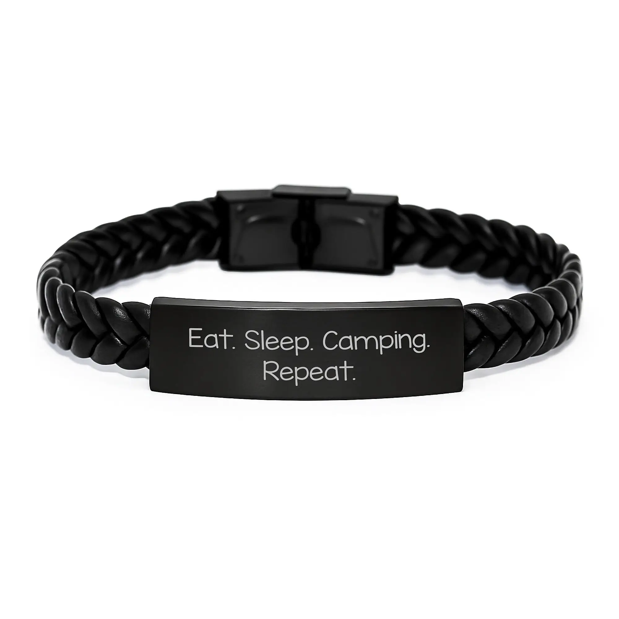 Funny Camping Gifts from Friends for Men - Eat. Sleep. Camping. Repeat. Interlaced Leather Bracelet, Birthday Unique Presents - Image 1