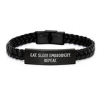 Funny Embroidery Interlaced Leather Bracelet Gifts for Friends, Funny Eat. Sleep. Embroidery. Repeat. Christmas Unique Gifts for Men, Leather Embroidery Bracelet with Stainless Steel