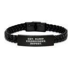 Funny Embroidery Gifts for Men and Women, Interlaced Leather Bracelet with Eat Sleep Embroidery Repeat Quote, Christmas Unique Gifts from Friends to Family
