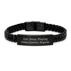 Funny Gaming Bracelet for Men, Christmas Unique Gifts from Husband to Wife, Interlaced Leather Bracelet with Stainless Steel, Eat. Sleep. Playing Video Games. Repeat. Inspirational Quote