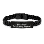 Cosplaying Gifts from Friends, Unique Interlaced Leather Bracelet for Men, Eat. Sleep. Cosplaying. Repeat., Funny Graduation Gift