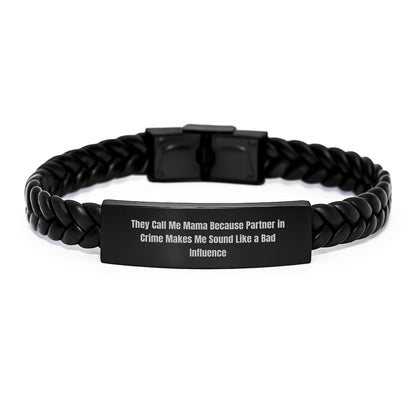 Funny Mama Gifts from Friends, Mama Interlaced Leather Bracelet, 'They Call Me Mama Because Partner In Crime Makes Me Sound Like A Bad Influence', Graduation Unique Gifts - Image 1
