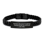 Funny Barber Gifts for Him, Birthday Unique Interlaced Leather Bracelet, 'Barber. Because Freaking' genius Is Not An Official Job Title.', Gifts from Men to Barber - Image 1