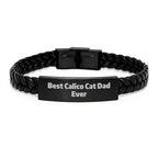 Calico Cat Enthusiast's Heartfelt Gift, Funny Quote, Calico Cat Dad Ever Interlaced Leather Bracelet for Men, Unique Valentine's Gifts from Dad to Calico Cat Lover