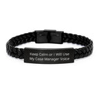 Case Manager Gifts from Friends for a Graduation Unique - Interlaced Leather Bracelet with Funny Quote 'Keep Calm Or I Will Use My Case Manager Voice' - Image 1