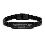 Funny Leather Tooling Gifts for Men - Interlaced Leather Bracelet, Stainless Steel Engraved, Gifts from Dad to Son, Christmas Unique Presents for Him