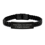 Graphic Designer Gifts from Friends - 'Keep Calm, I'm (almost) A Graphic Designer.' Funny Interlaced Leather Bracelet for Men and Women Christmas Unique Gifts