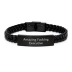 Funny Executive Gifts, Unique Interlaced Leather Bracelet, Gifts from Friends, 'Amazing F--king Executive' Quote Engraved on Stainless Steel, Perfect for Christmas Unique Gifts for Executive Men