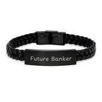 Funny Future Banker Birthday Unique Gifts from Family for Men and Women Interlaced Leather Bracelet, Quote: 'Future Banker'