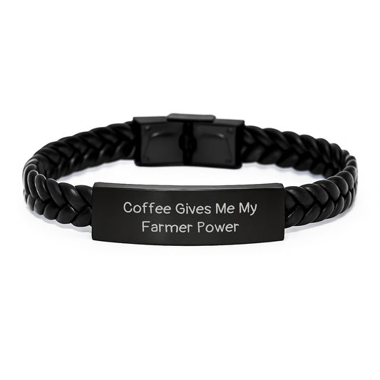 Funny Farmer Gifts from Friends - Interlaced Leather Bracelet, Coffee Gives Me My Farmer Power, Birthday Unique Gifts for Men Women Coworkers Family - Image 1