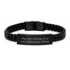 Funny Gifts for Law Enforcement Officer - Interlaced Leather Bracelet - My Heart Belongs To A Law Enforcement Officer, Unique Christmas Unique Gifts from Friends to Family