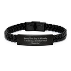 Funny Reporter Gifts for Friends, Christmas Unique Leather Bracelet, Interlaced Leather Cuff with Stainless Steel, Sorry This Guy Is Already Taken