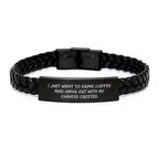 Chinese Crested Dog Lover's Gift - 'I Just Want To Drink Coffee And Hang Out With My Chinese Crested' Interlaced Leather Bracelet for Him/Her on Valentine's