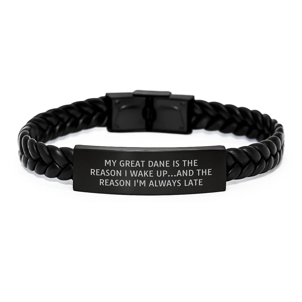 Funny Great Dane Dog Gifts from Friends for Birthday Unique Interlaced Leather Bracelet, "My Great Dane Is..." Quote
