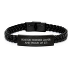 Boston Terrier Dog Lover Bracelet Interlaced Leather Stainless Steel Engraving