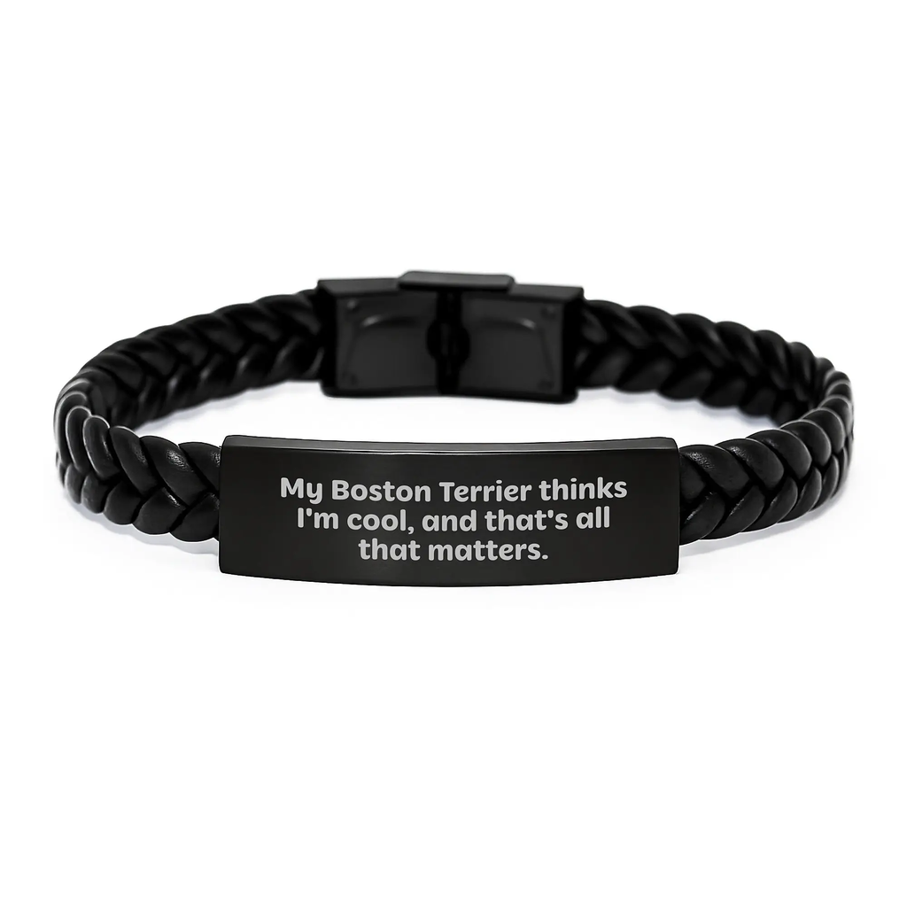 Funny Boston Terrier Dog Gifts - My Boston Terrier Thinks I'm Cool Interlaced Leather Bracelet for Men Birthday Unique Gifts from Family - Image 1
