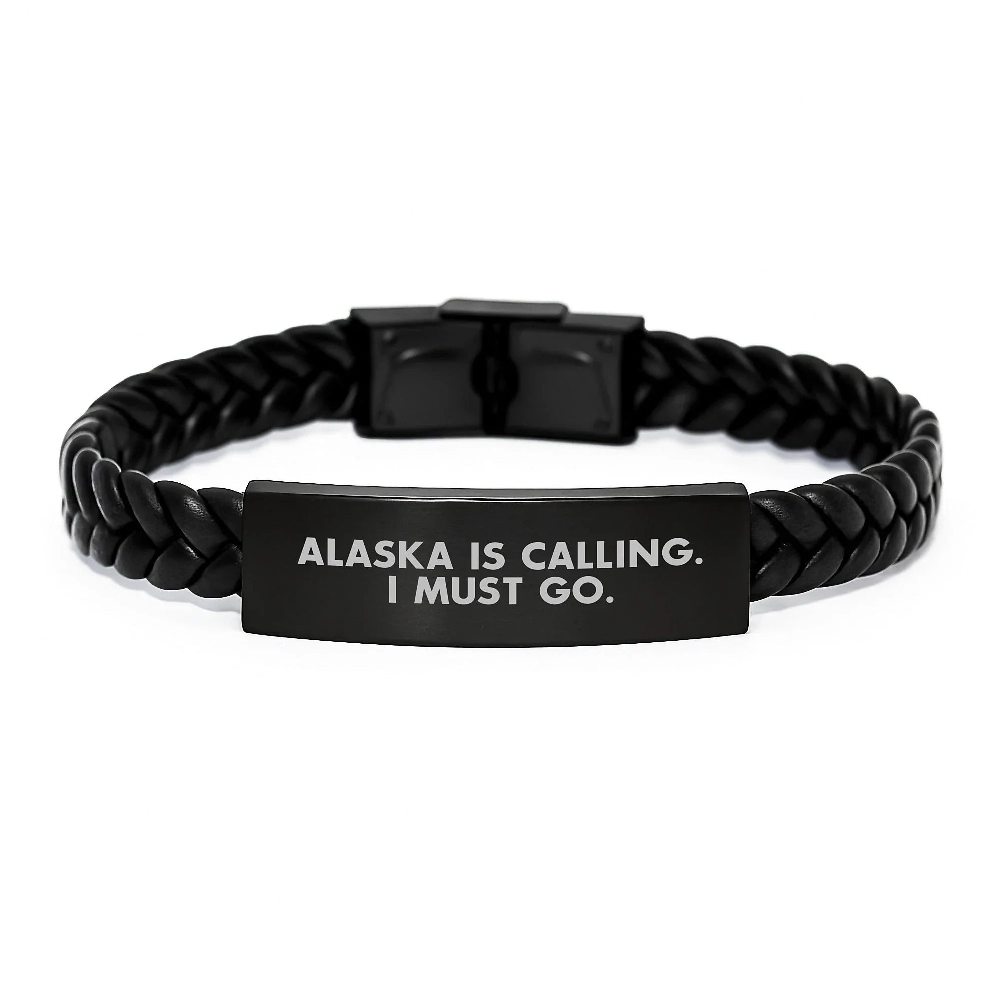 Alaska Adventures, Birthday Wishes, Interlaced Leather - 'Alaska Is Calling. I Must Go.' Engraved Stainless Steel & PU Leather Bracelet, Gifts from Friends to Alaska Enthusiasts