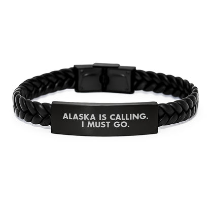 Alaska Adventures, Birthday Wishes, Interlaced Leather - 'Alaska Is Calling. I Must Go.' Engraved Stainless Steel & PU Leather Bracelet, Gifts from Friends to Alaska Enthusiasts - Image 1