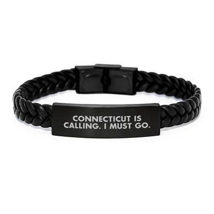 Connecticut Calling Interlaced Leather Birthday Unique Gifts for Men from Friends, Connecticut Inspired Quote, Durable Stainless Steel and PU Leather, Unique Birthday Present - Image 1