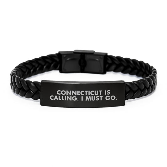 Connecticut Calling Interlaced Leather Birthday Unique Gifts for Men from Friends, Connecticut Inspired Quote, Durable Stainless Steel and PU Leather, Unique Birthday Present - Image 1