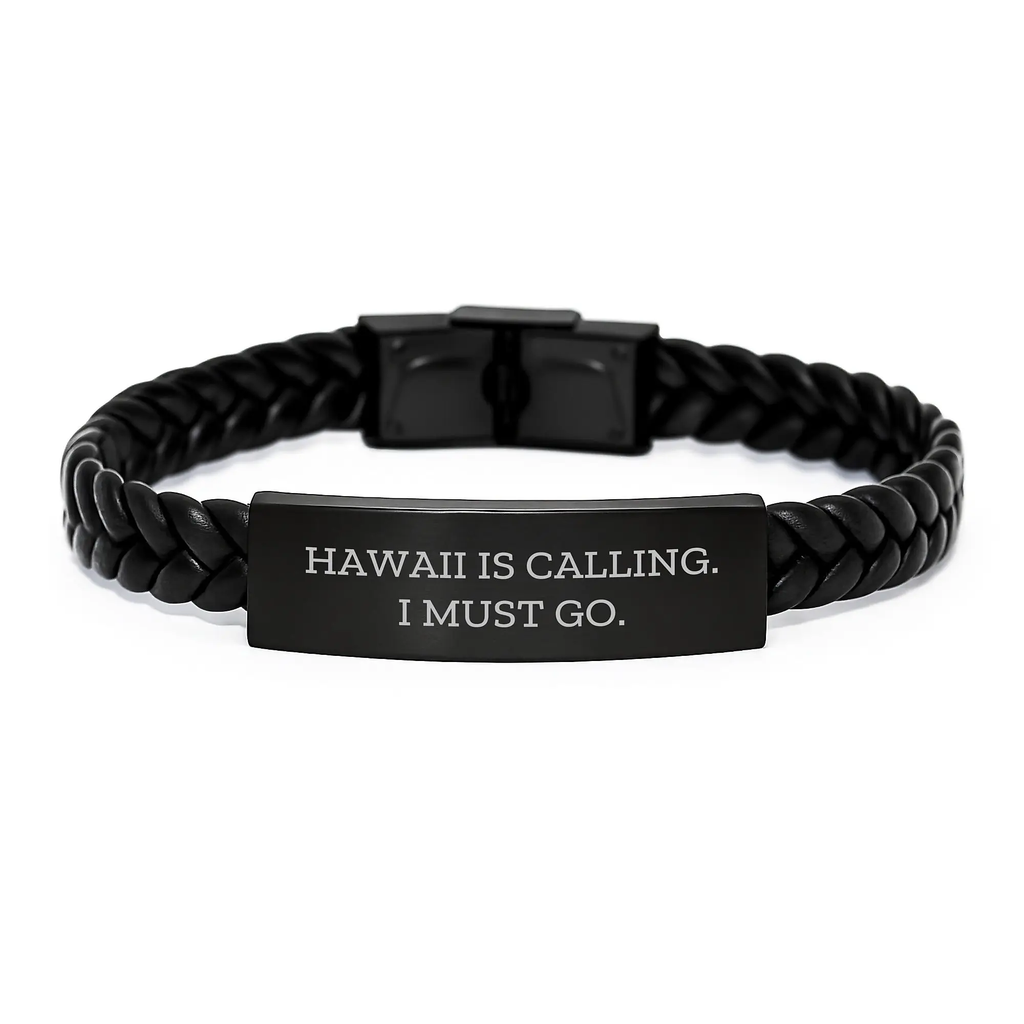 Gifts from Friends and Family for Men and Women, Interlaced Leather Bracelet with Hawaii Quote - 'Hawaii Is Calling. I Must Go.' - Image 1