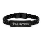 Funny Developer Gifts from Men - Interlaced Leather Bracelet for Mother's Day Unique Gifts - 'Look At You Becoming A Developer And Shit' Stainless Steel PU Leather - Image 1