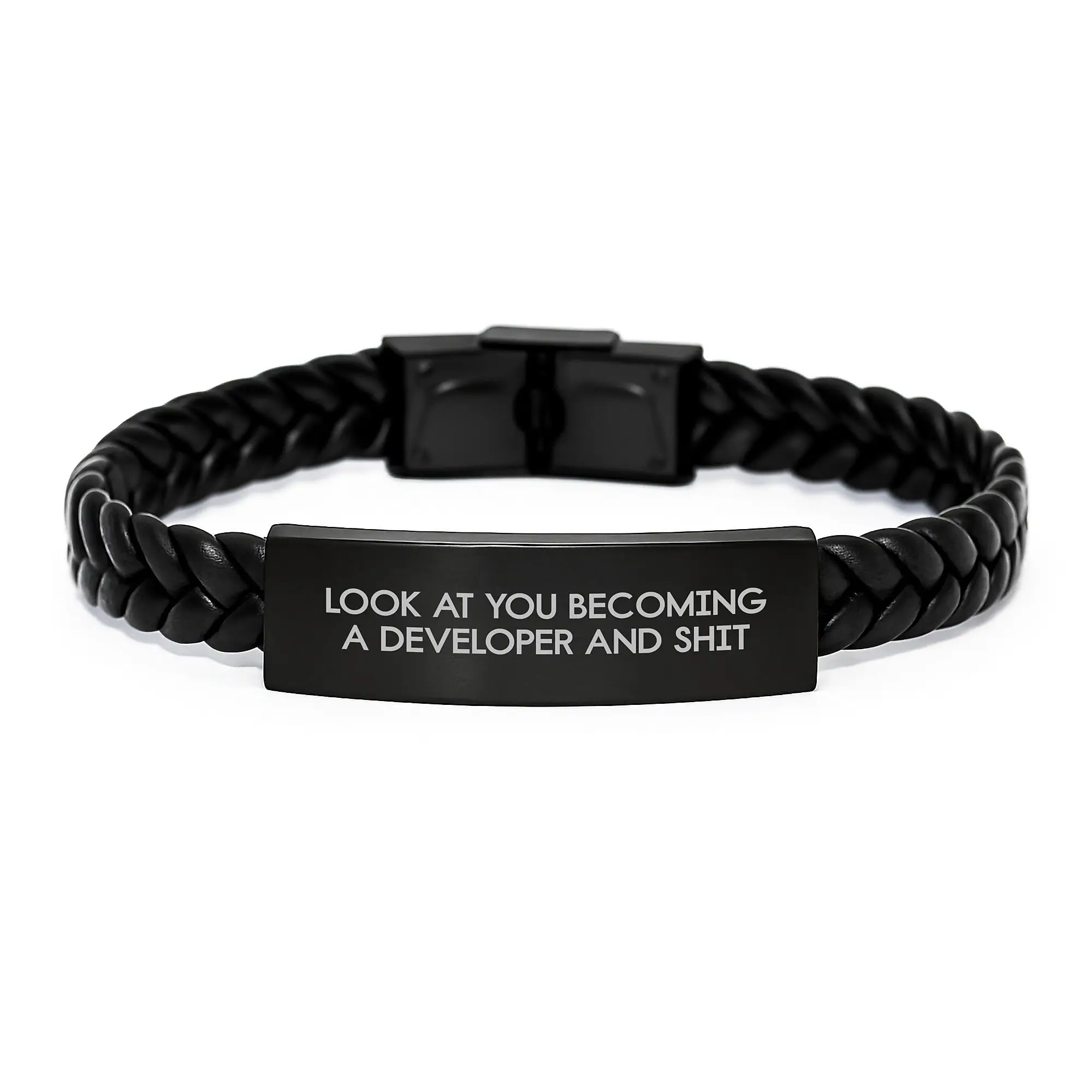 Funny Developer Gifts from Men - Interlaced Leather Bracelet for Mother's Day Unique Gifts - 'Look At You Becoming A Developer And Shit' Stainless Steel PU Leather - Image 1
