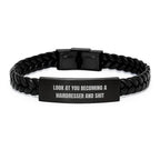 Funny Hairdresser Gifts for Birthday, Interlaced Leather Bracelet from Friends, 'Look At You Becoming A Hairdresser And Shit' Quote, Hairdresser Gifts for Her