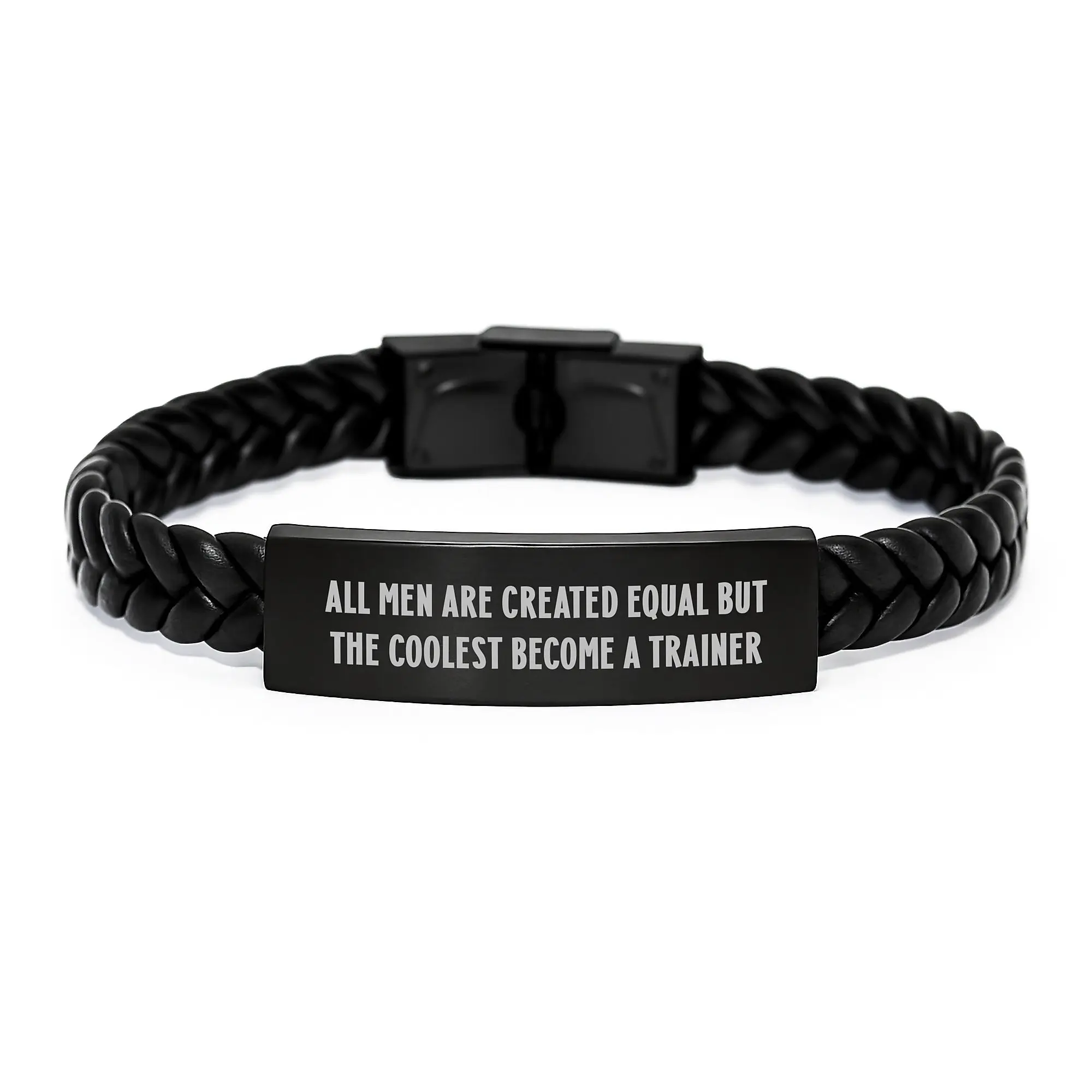 Gifts from Men, Unique Inspirational Trainer Gifts for Graduation, Interlaced Leather Bracelet with Engraved Stainless Steel - All Men Are Created Equal But The Coolest Become A Trainer - Image 1