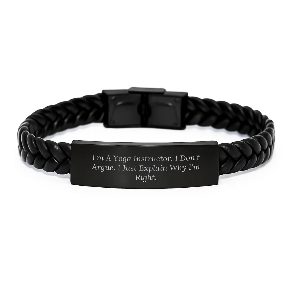 Funny Yoga Instructor Gifts, Birthday Unique Gifts for Men, Women, Friends from Family, Interlaced Leather Bracelet with Engraved Stainless Steel, Perfect for Yoga Instructor Birthday Present - Image 1