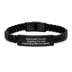 Hairstylist Funny Quotes Leather Interlaced Bracelet, Gifts from Friends, Funny Hairstylist Gifts, Inspirational Graduation Unique, Engraved Stainless Steel - Image 1