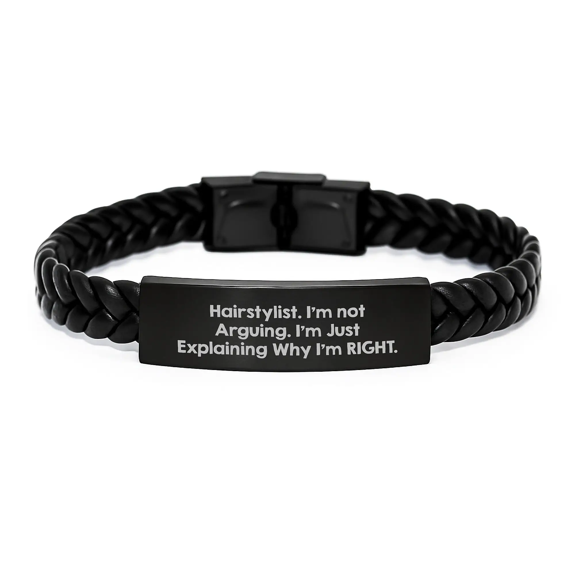 Hairstylist Funny Quotes Leather Interlaced Bracelet, Gifts from Friends, Funny Hairstylist Gifts, Inspirational Graduation Unique, Engraved Stainless Steel - Image 1
