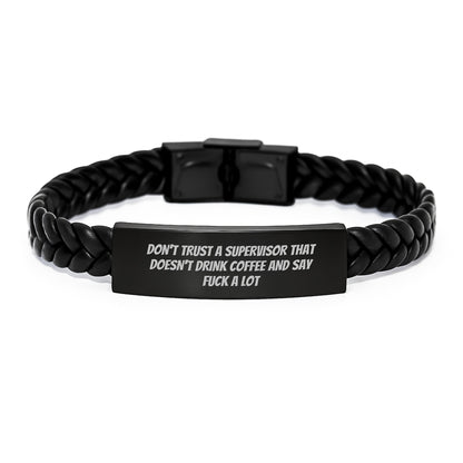 Funny Supervisor Quotes, Gifts for Supervisor Men, Christmas Unique Gifts from Friends to Supervisor, Interlaced Leather Bracelet - Image 1