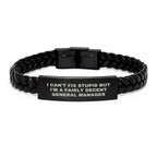 Funny General Manager Gifts, Interlaced Leather Bracelet for Men, 'I Can't Fix Stupid' Quote, Christmas Unique Gifts from Coworkers