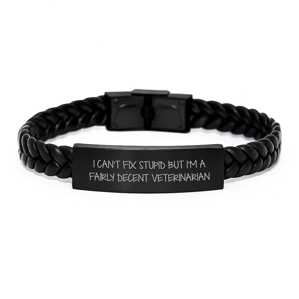 Funny Veterinarian Gifts from Men to Coworkers - Interlaced Leather Bracelet with Stainless Steel Quote, Christmas Unique Presents